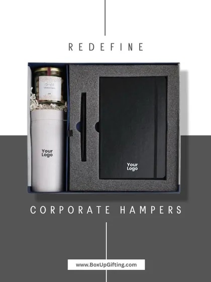Redefining corporate hampers with sleek design and practical items. This custom branded set includes a water bottle and a notebook, perfect for employee welcome kits or event giveaways.