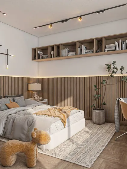 A repeat of the bedroom with wood paneling and an integrated desk (ID 31).