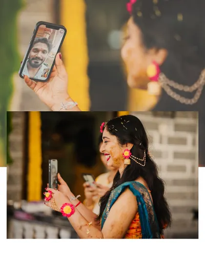A sweet moment during the Haldi ceremony, with the bride connecting with her loved one over a video call.