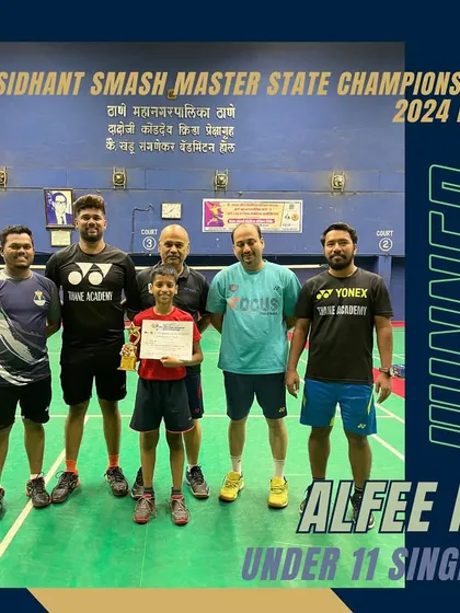 Our young prodigy Alfee M. with his coaches after winning the Under 11 singles state title in Pune.