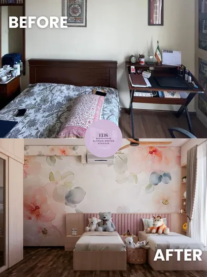 A child's room transformed from a simple bedroom into a whimsical and playful space. We introduced twin beds, a soft color palette with a beautiful floral wallpaper, and organized storage to create a room that is both magical and practical for growing kids.
