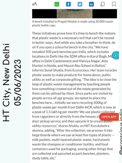 On World Environment Day, our work was featured in HT City, New Delhi. The article highlighted our installation of 500 park benches across India, each made from thousands of waste plastic bottle caps.