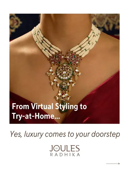 This promotional image showcases a beautiful layered temple necklace, emphasizing our convenient "Try-at-Home" service.