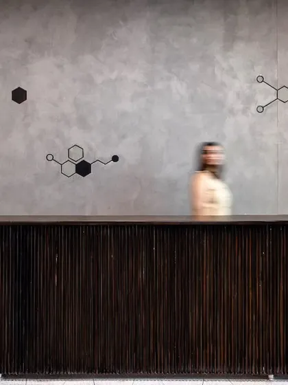 The reception desk at Anthea Pharma, with molecular formulas projected onto the raw concrete wall. This subtle branding element provides an understated reference to the company's pharmaceutical background.