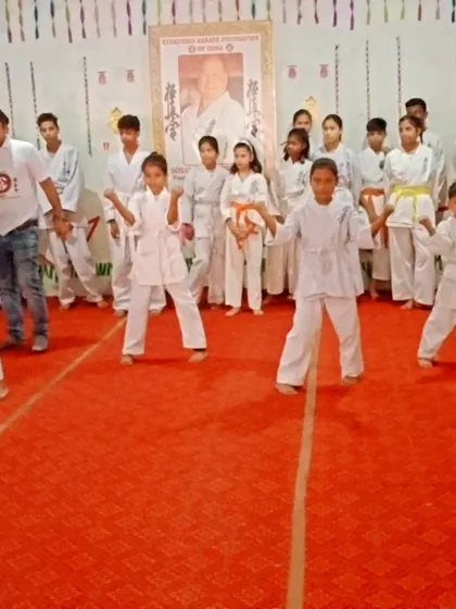 The belt test begins. The youngest students are in front, showing their stances. Their journey in karate is just beginning.