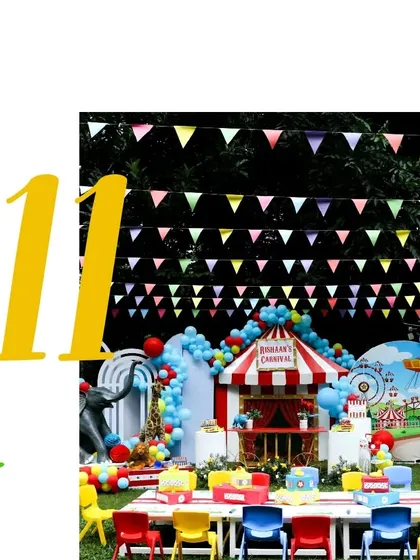 A collage showing the captivating center stage and kids' seating area for the carnival party.