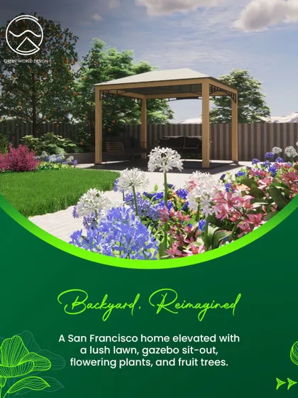 A 3D render of our San Francisco residential project, showcasing a reimagined backyard. The design includes a lush lawn, a gazebo for seating, flowering plants, and fruit trees, all planned for beauty and usability.
