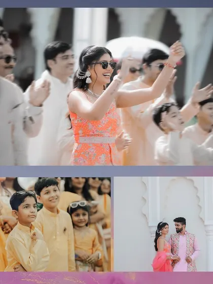 A collection of happy moments from the Haldi day, featuring the bride dancing and candid shots of the younger guests enjoying the celebration.