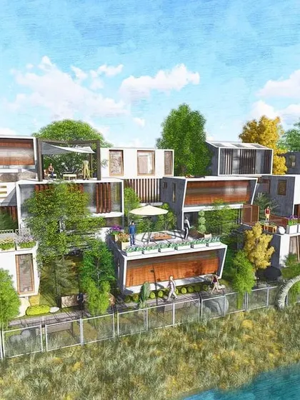 This is a conceptual render for a micro-housing competition. The design explores modular living units with integrated green spaces and shared terraces, addressing the need for sustainable and community-oriented urban housing.