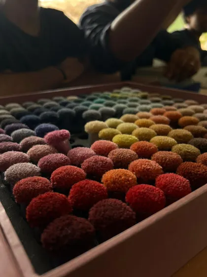 A vibrant palette of yarn tufts used for rug selection. Color and texture are fundamental to our design process, and we delight in finding the perfect combinations to bring a room to life.