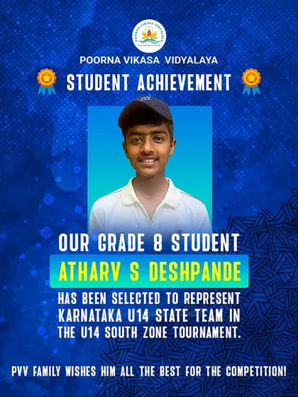 We are thrilled to announce that our Grade 8 student, Atharv S Deshpande, has been selected to represent the Karnataka U14 state team.