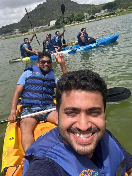 A happy selfie during a kayaking session after the Skandagiri trek. I combine trekking with other fun activities.