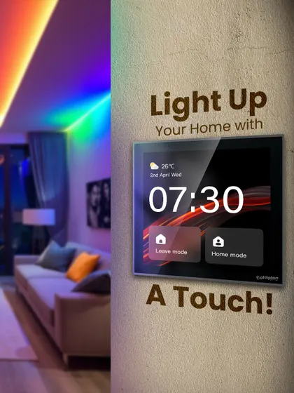 Light up your home with a touch. My multi-functional central control panel, with Alexa support, puts total control of your home's lighting, climate, and security modes in one place.