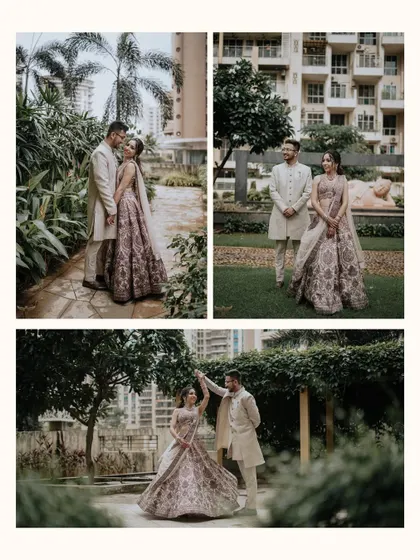 A collage of three beautiful moments from an engagement shoot in a park. It shows a variety of poses, from classic portraits to a playful dance, capturing the couple's dynamic.