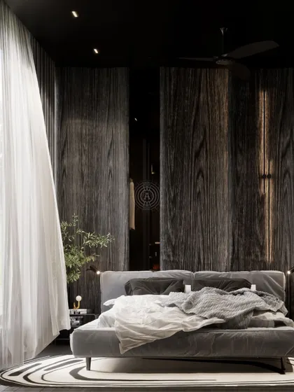 A render for a guest bedroom in a Kolkata home, featuring a moody and dramatic design. Dark wood-paneled walls and a black ceiling create a sophisticated, cocooning effect.