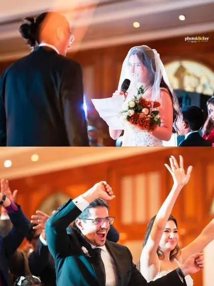 A collage showing the emotional exchange of vows and the celebratory cheers of the newlyweds. We capture both the solemn and joyful parts of the ceremony.