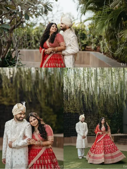 A collage showcasing the couple's journey on their wedding day, from romantic portraits in the garden to their triumphant moment under a floral arch.