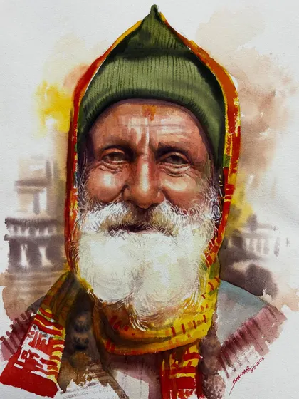 A detailed watercolor portrait of a man with a white beard, created as a demonstration for my online portrait class.