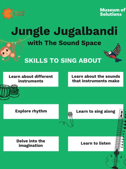 This poster for our 'Jungle Jugalbandi' workshop outlines the key skills children develop, such as learning about instruments, exploring rhythm, singing along, and improving their listening skills.