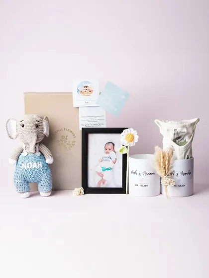 The complete gift set for baby Noah, including the personalized crochet toy, framed photo, and custom mugs for his grandparents.