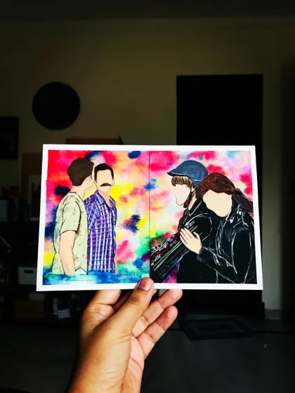 "Toh atak gaya hai, yeh mann atak gaya hai." This painting is for 'Badhaai Do,' my favourite Hindi romantic movie. It celebrates love in all its forms, capturing the colourful, complex, and beautiful journey of its characters.