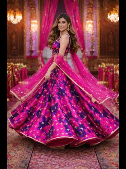 Feel the energy in this vibrant pink and purple lehenga, perfect for a sangeet or mehendi night. The full, flowy skirt is made for dancing, and the unique color combination with sparkling details will make you the center of attention.