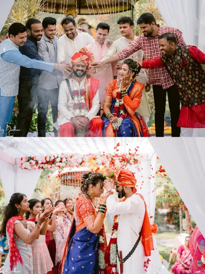 A collage of candid moments and rituals from Vaibhav and Pooja's vibrant outdoor wedding.