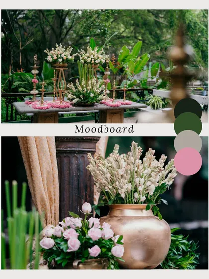 A moodboard in action, this setup features tuberose and pink roses in brass vases. We use these arrangements to create beautiful, photo-worthy corners throughout the venue.