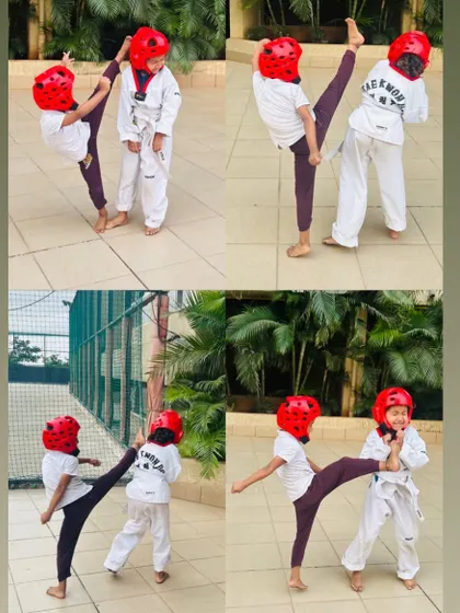 A collage showing a young girl practicing high kicks with a partner. This drill builds accuracy and confidence for head-level attacks.
