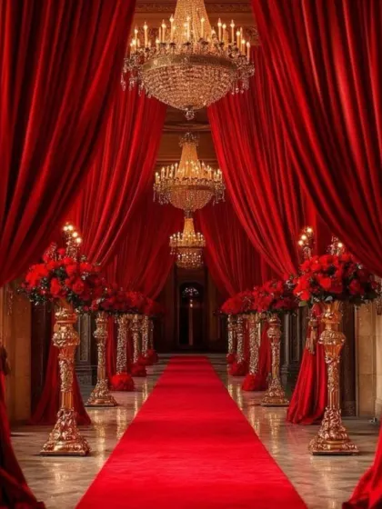 A truly regal entrance featuring dramatic red velvet drapes, ornate golden floral stands, and magnificent crystal chandeliers. This design is perfect for a palace wedding or a celebration with a royal theme.