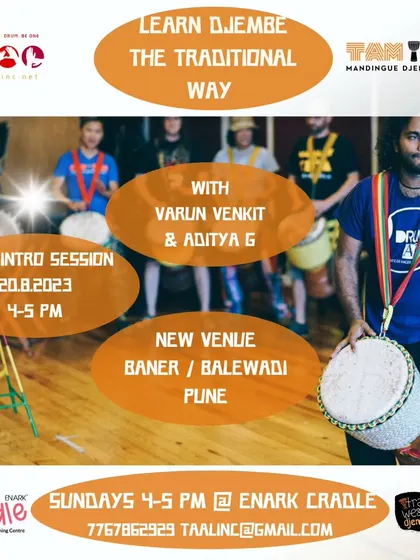 We're excited to bring our traditional West African Djembe classes to Baner. This poster announces our free intro session, a perfect chance to try it out.