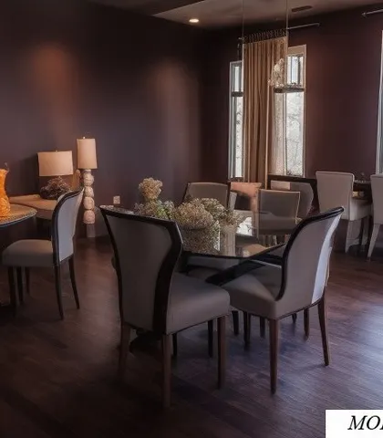 A modern dining room with a touch of classic elegance. The glass-topped table and upholstered chairs with curved backs are modern, while the deep wall color adds a sense of drama and intimacy.