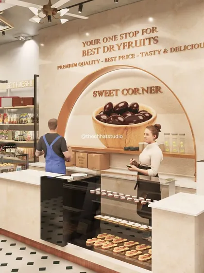 A detailed shot of the custom-designed "Sweet Corner" counter. The display case is integrated seamlessly, and the branding is elegantly incorporated into the wall design, creating a premium feel.