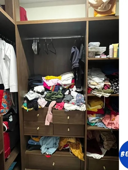 Before: a closet where things were hard to find and put away. Practicality is always my main focus, and aesthetics are a happy byproduct.