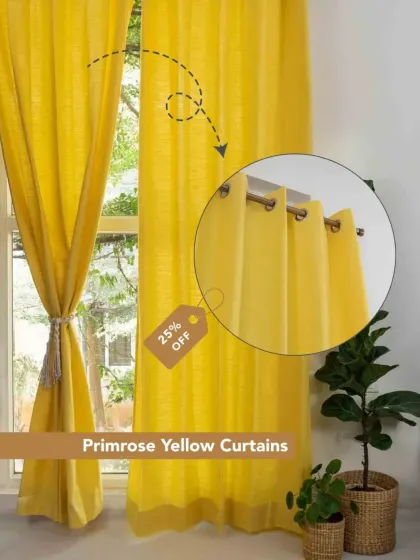 The vibrant Primrose Yellow curtains are perfect for adding a pop of cheerful color. This bright and beautiful design is part of our farewell sale, so don't miss out on this last chance to own it.