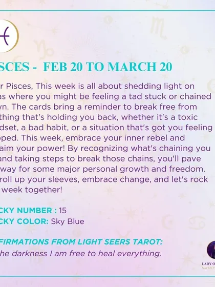 For Pisces, this week is about shedding light on areas where you feel stuck. I encourage you to embrace your inner rebel, reclaim your power, and break the chains that are holding you back.