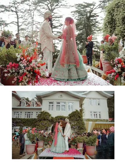A diptych of the wedding ceremony at Woodville Palace. It shows both the wide view of the venue and a closer shot of the couple during their vows.