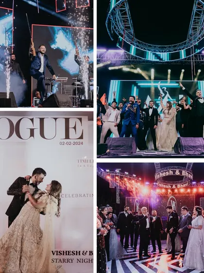 A collage of unforgettable sangeet moments. Featuring a custom Vogue photo booth, high-energy stage performances, and celebratory cold pyro effects that make for an epic night.