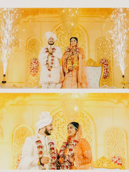 Two portraits of the couple on their wedding stage, surrounded by sparklers. These images capture the magical and celebratory atmosphere of their reception.