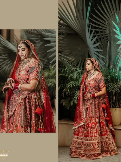 A collage of the bride's portraits, showcasing her beautiful red lehenga from different angles in a garden setting.