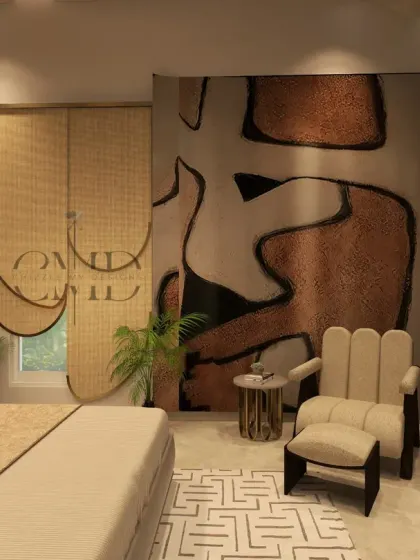 This master bedroom in a Noida penthouse is a blend of luxury and personal expression, with a textured bed back wall and a bold, personalized headboard.