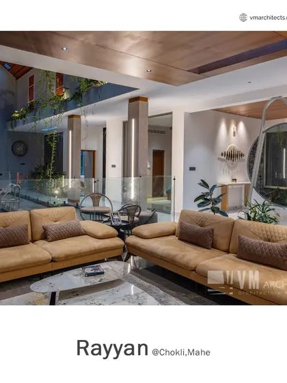 Another view of the Rayyan living space, showing the open connection to the indoor pool area and the dining hall, creating a large, unified space for family life.