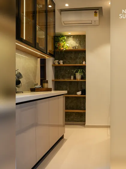 Another view of the open shelving nook, which adds depth and personality to the kitchen. This detail shows our commitment to creating spaces that are both beautiful and highly personalized.