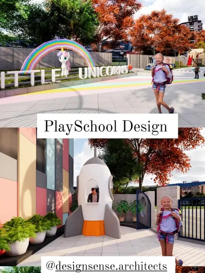 Renders for the "Little Unicorns" preschool entrance and outdoor play area. We designed a welcoming entrance with a rainbow and unicorn mascot and a fun outdoor space with a rocket ship structure to spark curiosity from the moment children arrive.