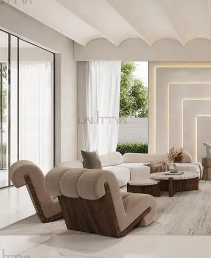 A concept for a living area that plays with architectural details like a scalloped ceiling and integrated wall lighting. The curved furniture and natural wood tones create a space that feels both modern and warm.
