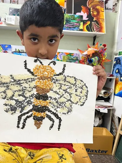 This incredible bee was made using different types of grains and seeds. This mosaic project is a fantastic way to explore texture and create art from natural materials.