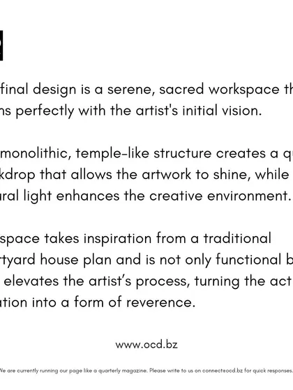 This project reinterprets the traditional 'thotti mane' or courtyard house for a modern artist. The client's vision was for a sacred, temple-like workspace with ample natural light. Our design creates a serene, monolithic structure where the act of creation becomes a form of reverence.