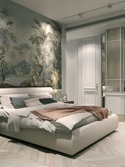 A beautiful bedroom featuring a full-wall scenic mural that acts as a dramatic headboard. The design sets the stage for beauty in tranquility, with chevron wood floors and a soft color palette enhancing the room's understated luxury.