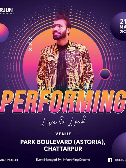 A poster for a performance at Park Boulevard, Chhattarpur. I am a familiar face in the Delhi wedding circuit, known for delivering great parties.