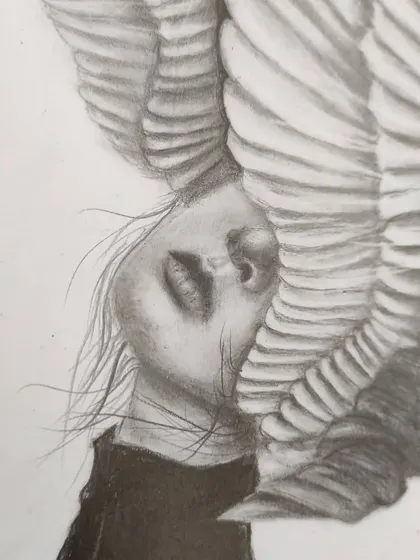 A close-up of the surrealist wing portrait, focusing on the woman's face and the texture of the feathers.